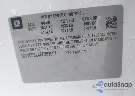 2015 Chevrolet Malibu 1Lt z USA, uszkodzony, nr VIN 1G11C5SL4FF267561